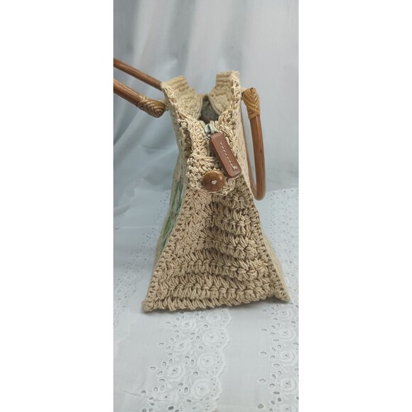 Fossil Tan Embroidered Rattan Straw Purse W/ Wooden Handles Floral Pocketbook - Picture 10 of 11